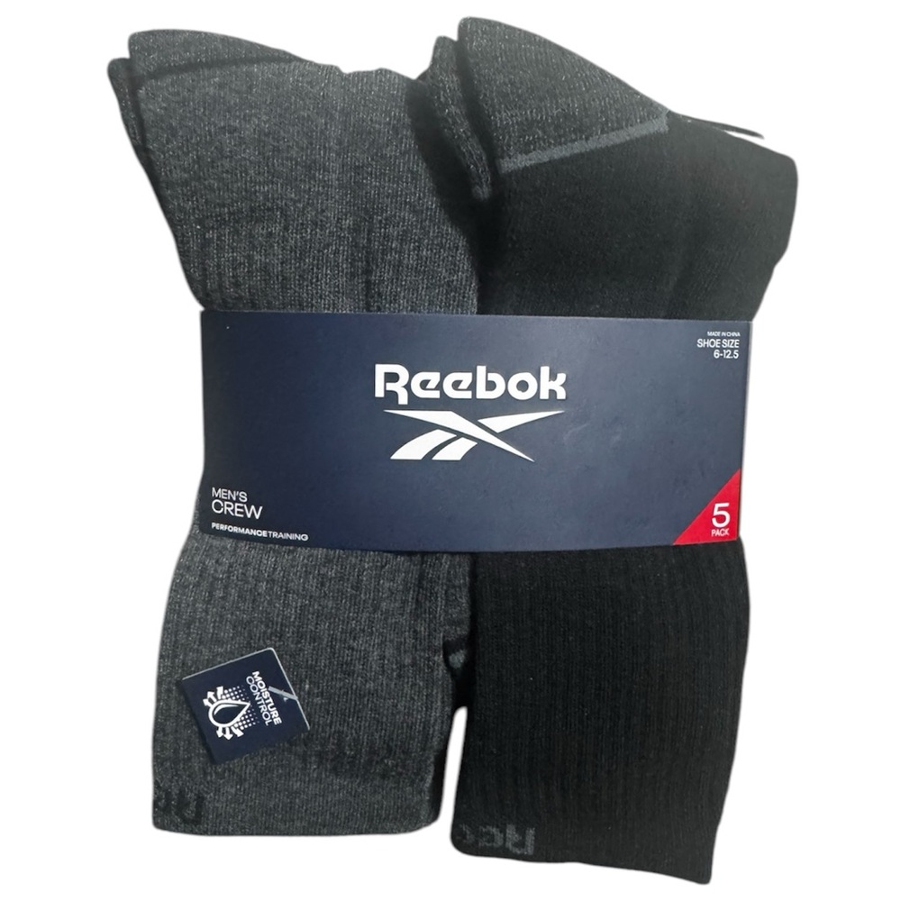 Reebok High Crew Socks - 5Pk Blk, Gray, White Performance Training Size 6-12